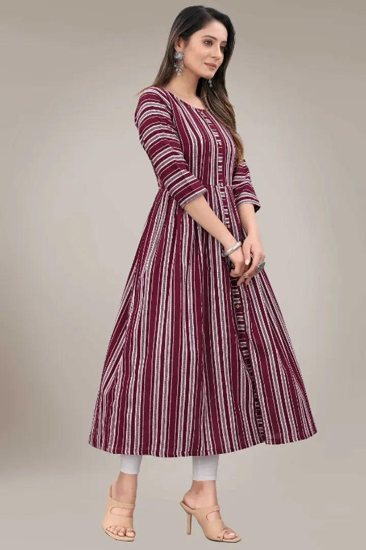 Elegant Striped White Cotton A Line Kurti
