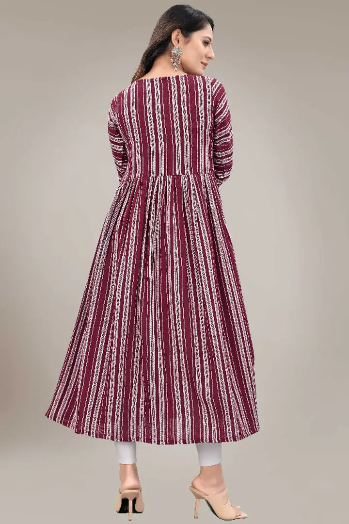 Elegant Striped White Cotton A Line Kurti