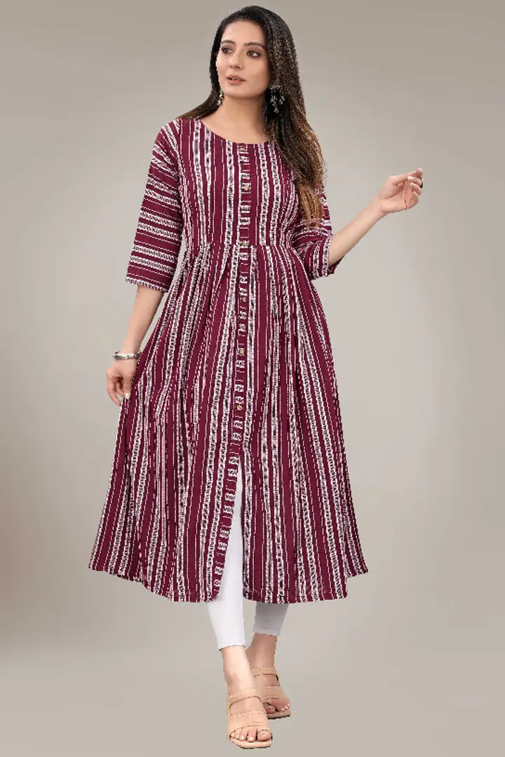 Elegant Striped White Cotton A Line Kurti