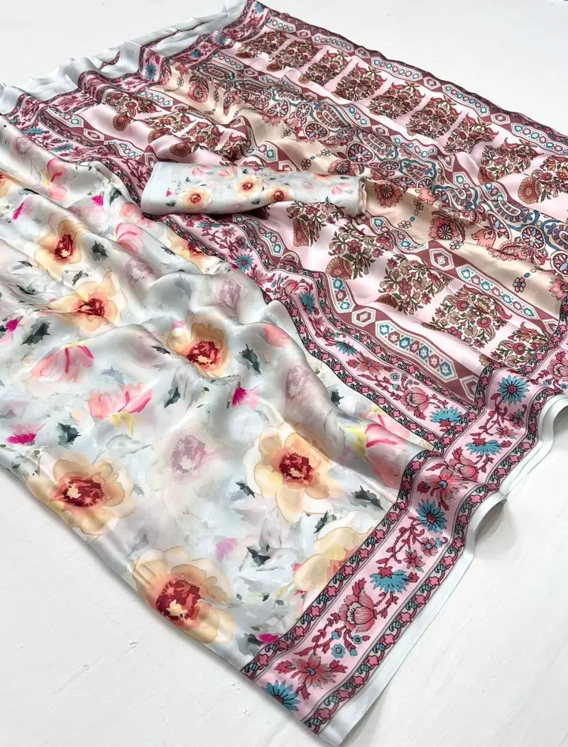 Splendid Off White Georgette Satin Digital Print Saree