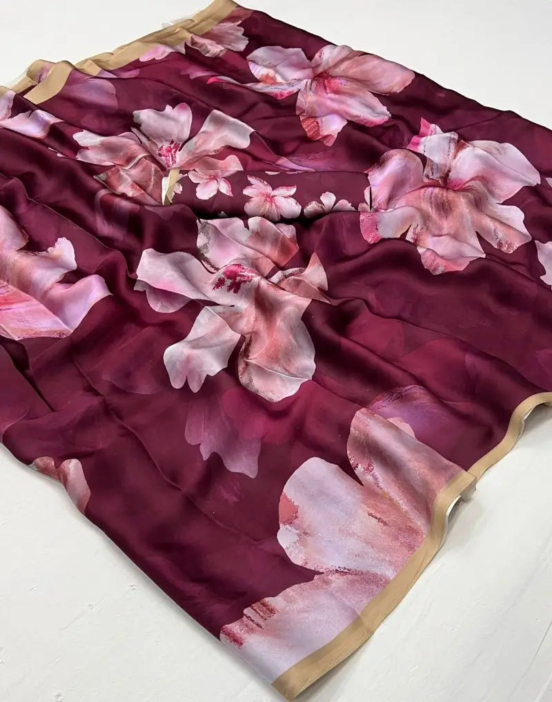 Stunning Wine Digital Printed Traditional Satin Saree