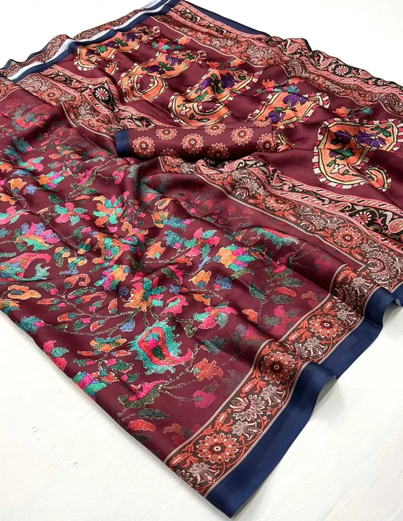 Beautiful Wine Paisley Floral Digital Print Satin Saree
