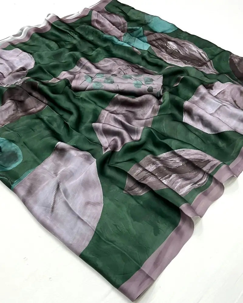 Exquisite Green Digital Printed Satin Saree With Blouse
