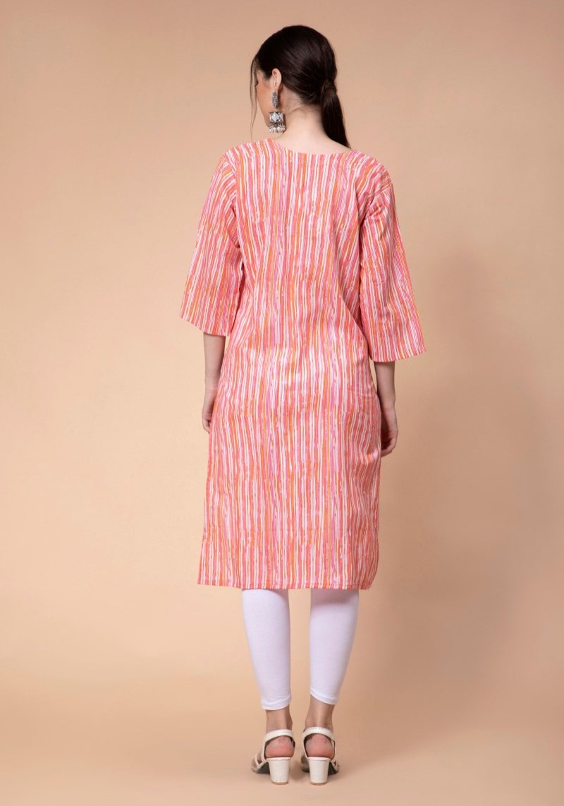 Peach Cotton Striped Straight Kurti