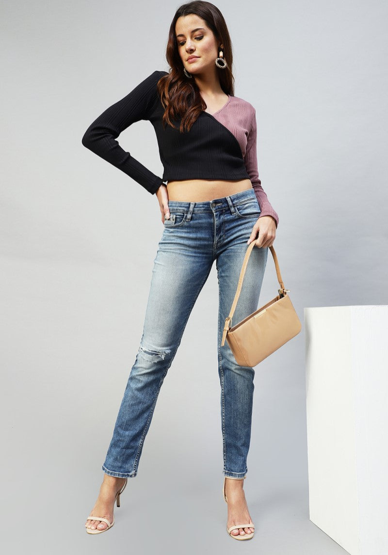 Women's Stylish Solid Full Sleeve Ribbed Crop Top