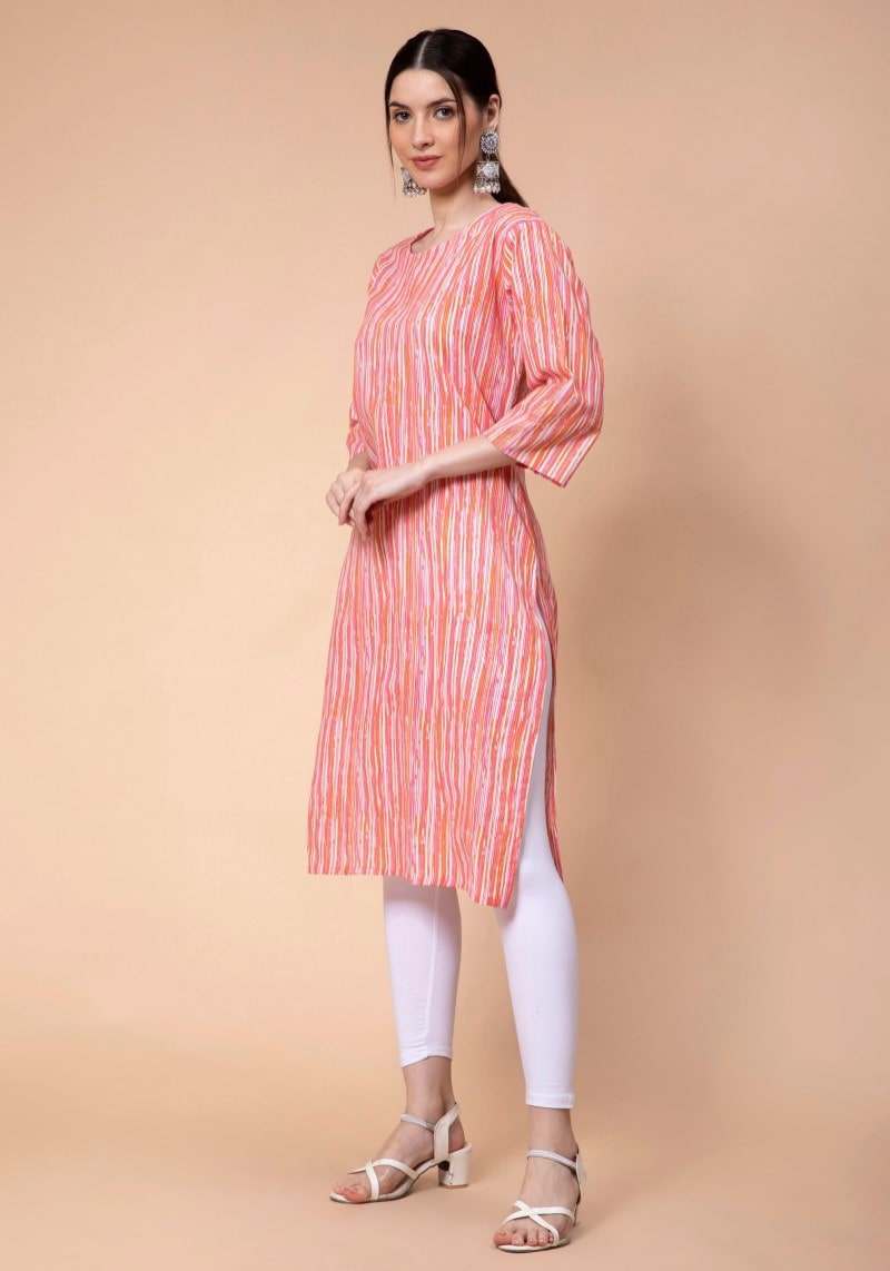 Peach Cotton Striped Straight Kurti