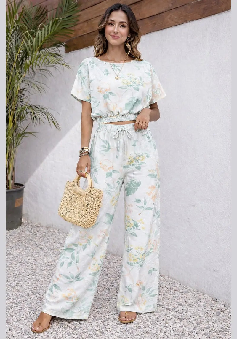 Mint Blossom Floral Crop Top & Wide Leg Co-ord Set