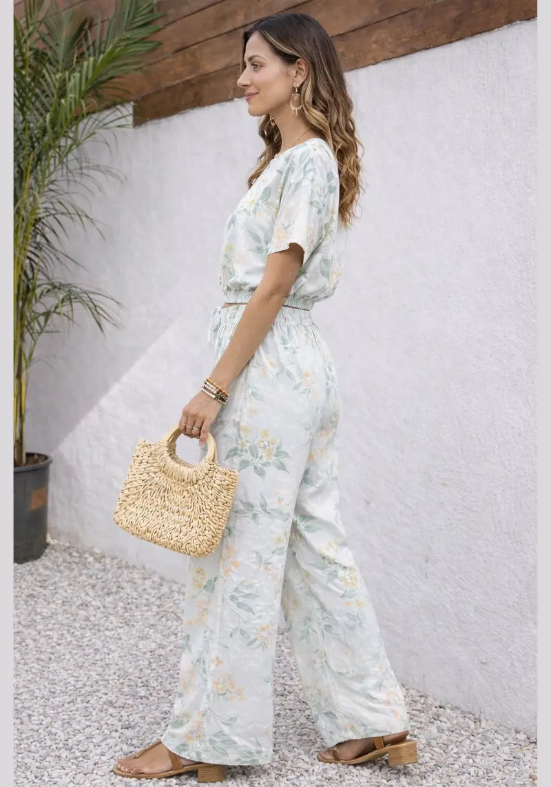 Mint Blossom Floral Crop Top & Wide Leg Co-ord Set