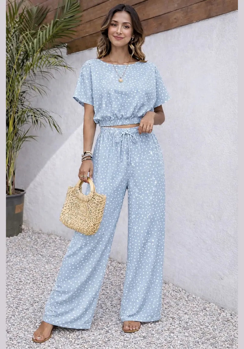 Sky Mist Polka Dot Crop Top & Wide Leg Co-ord Set