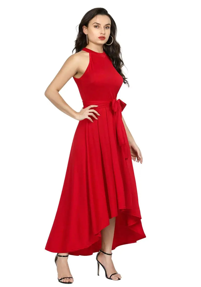 Side view of the model wearing a sleeveless red, Western One Piece Dress with a wrap-around belt.