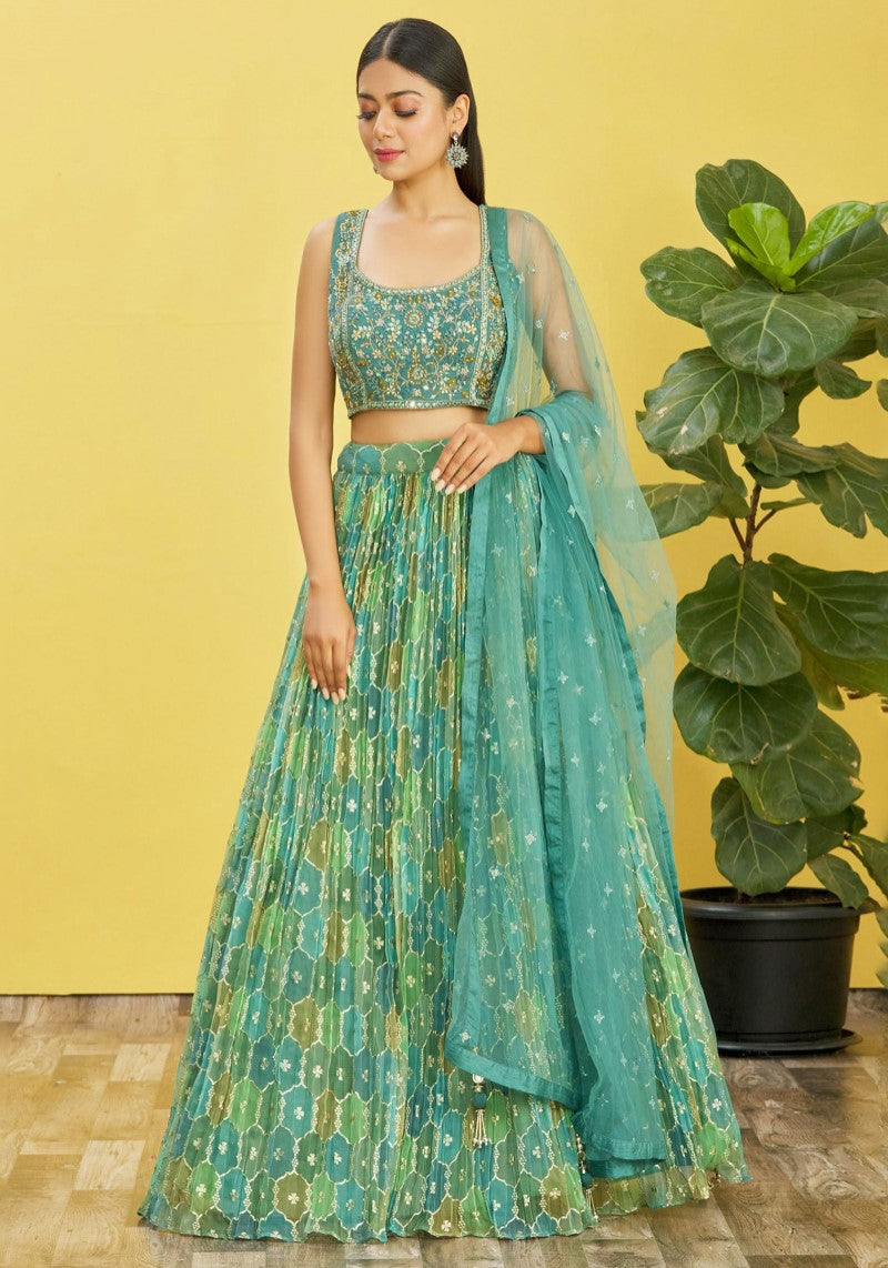 Teal Green Organza Lehenga with Mirror Zari Embroidery and Net Dupatta