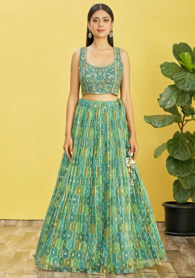 Teal Green Organza Lehenga with Mirror Zari Embroidery and Net Dupatta