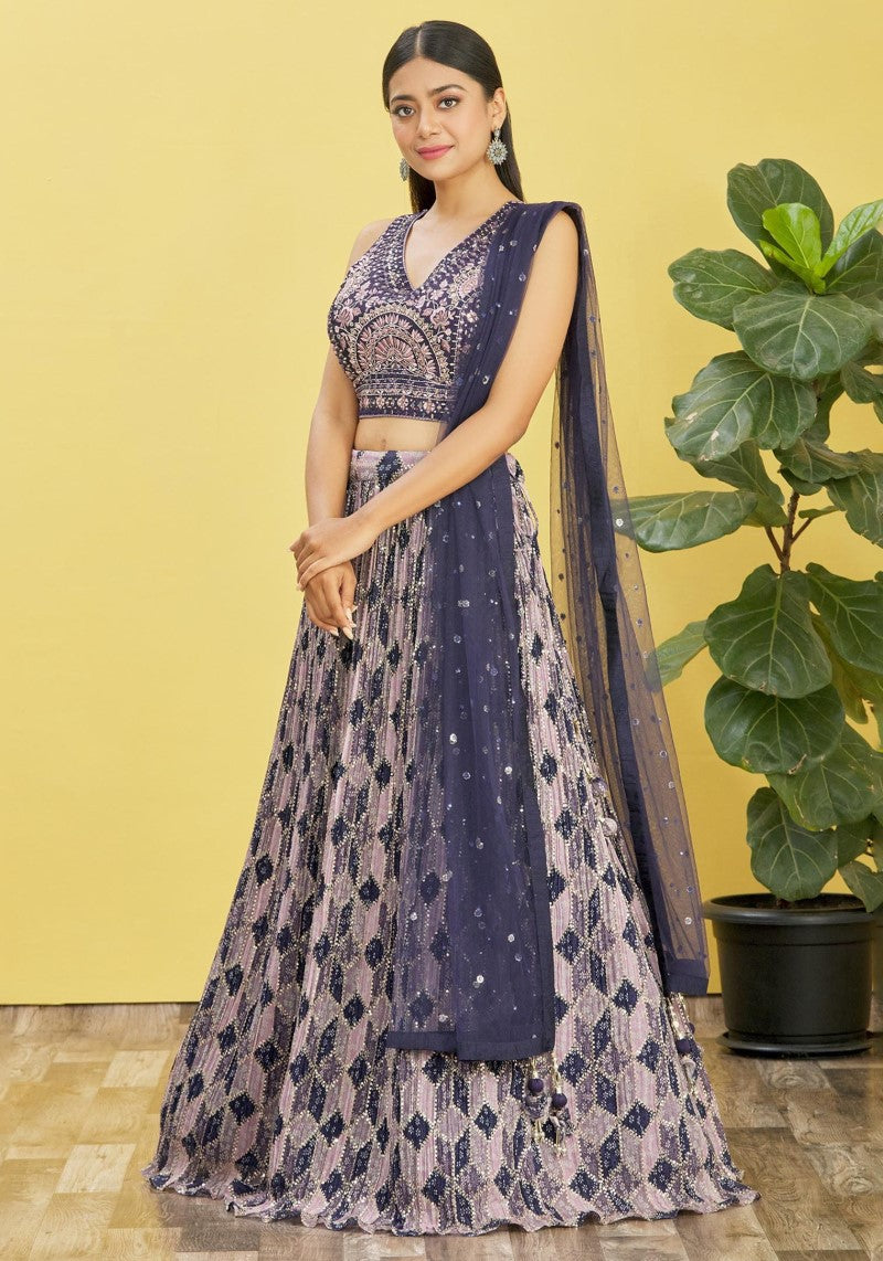 Midnight Blue Mirror Zari Chinon Lehenga with Slub Silk Blouse