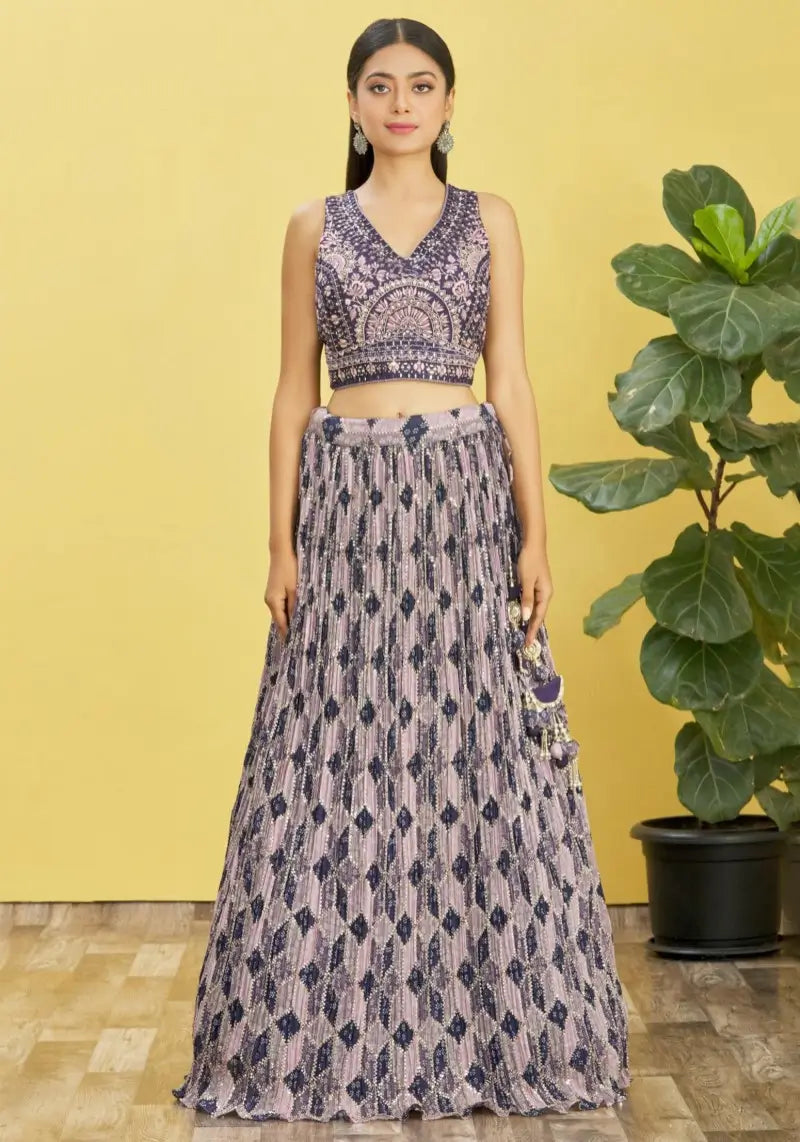 Midnight Blue Mirror Zari Chinon Lehenga with Slub Silk Blouse