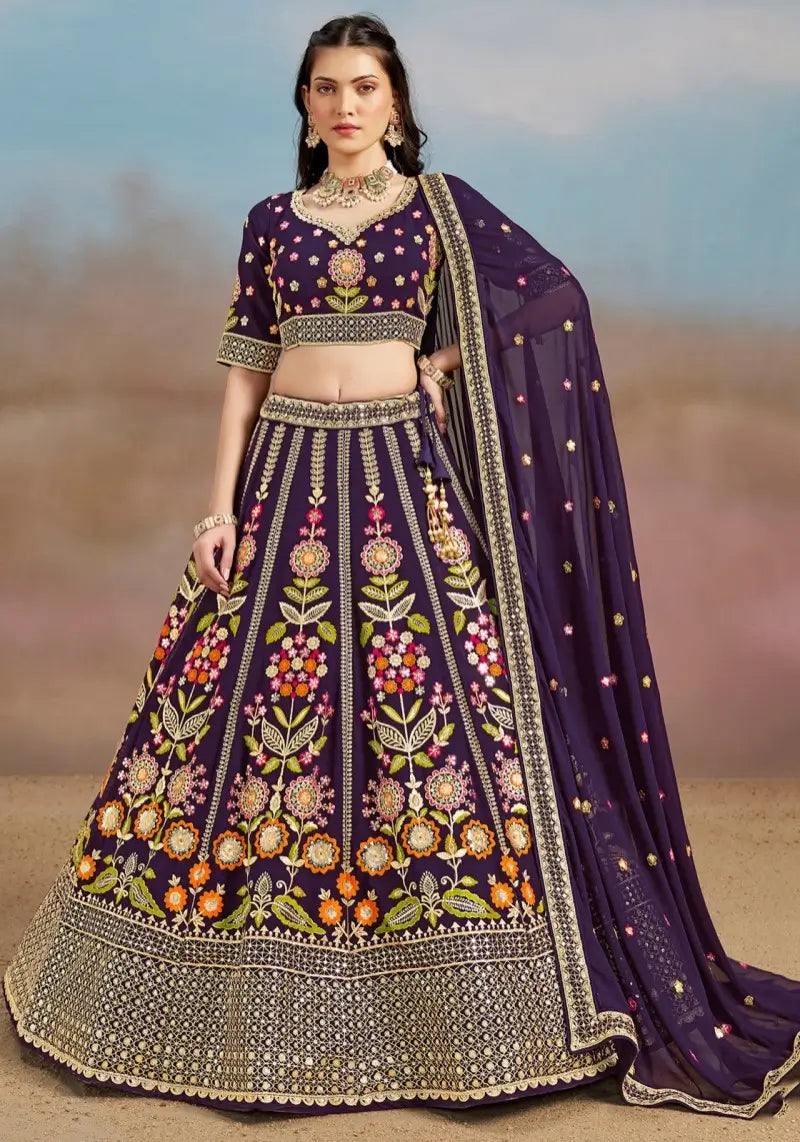 Elegant Purple Floral Zari Embroidered Lehenga Choli