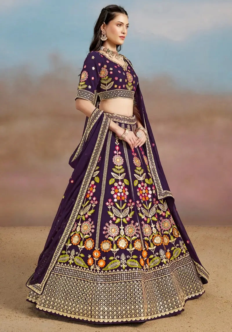 Elegant Purple Floral Zari Embroidered Lehenga Choli