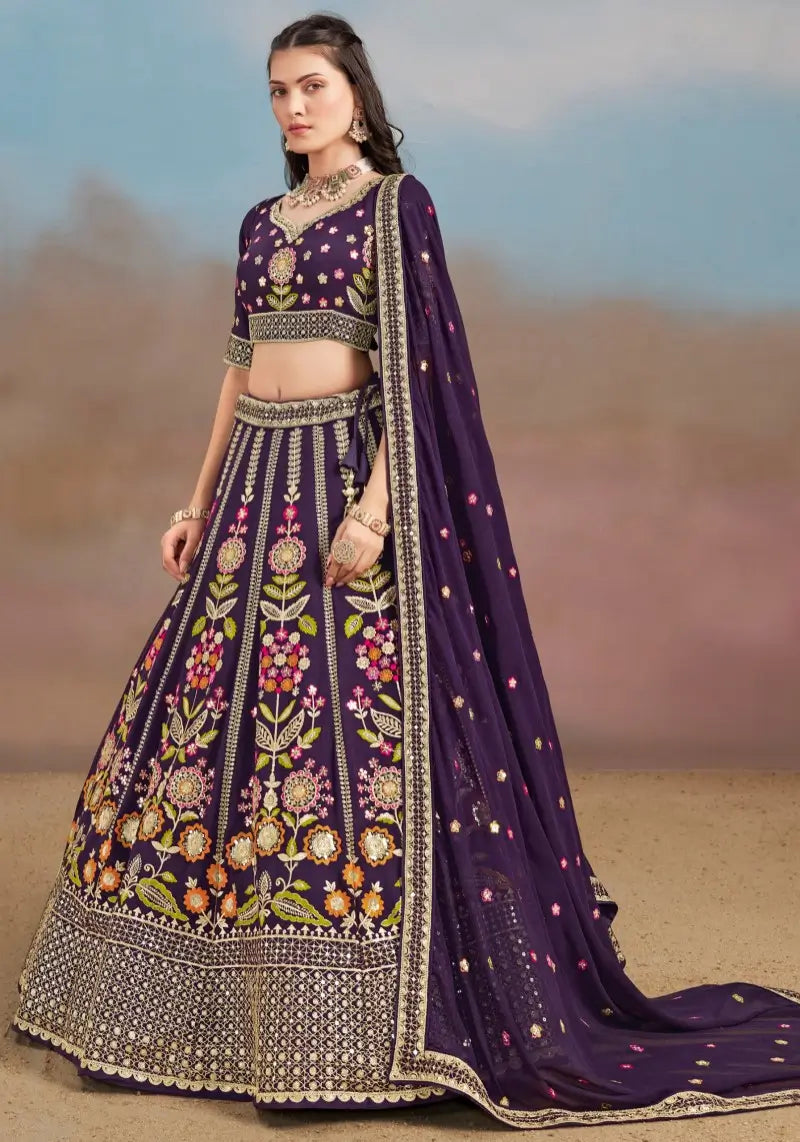 Elegant Purple Floral Zari Embroidered Lehenga Choli