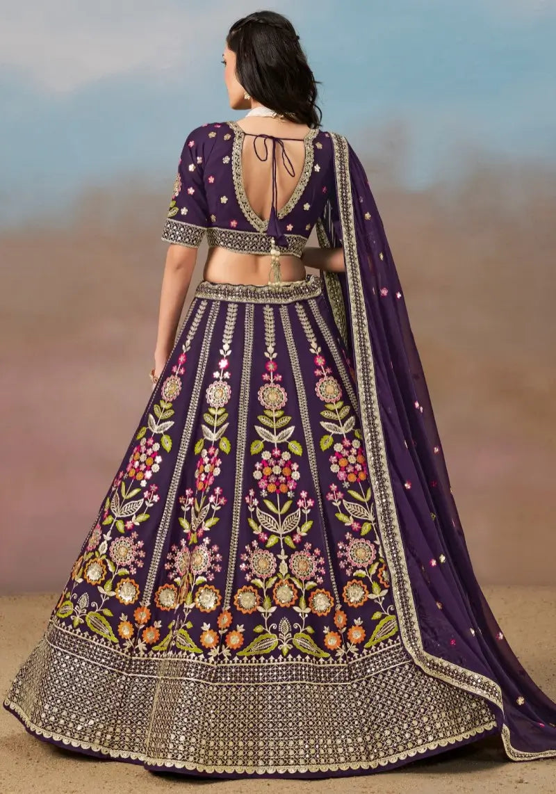 Elegant Purple Floral Zari Embroidered Lehenga Choli