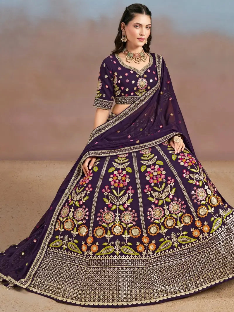 Elegant Purple Floral Zari Embroidered Lehenga Choli