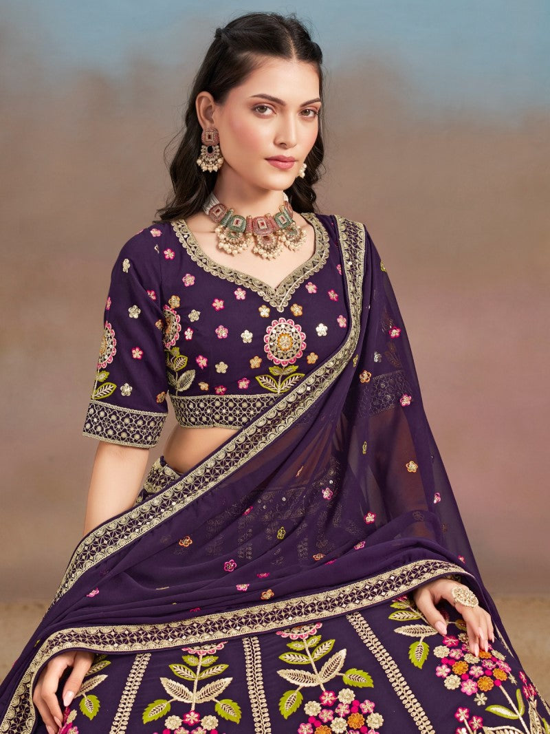 Elegant Purple Floral Zari Embroidered Lehenga Choli