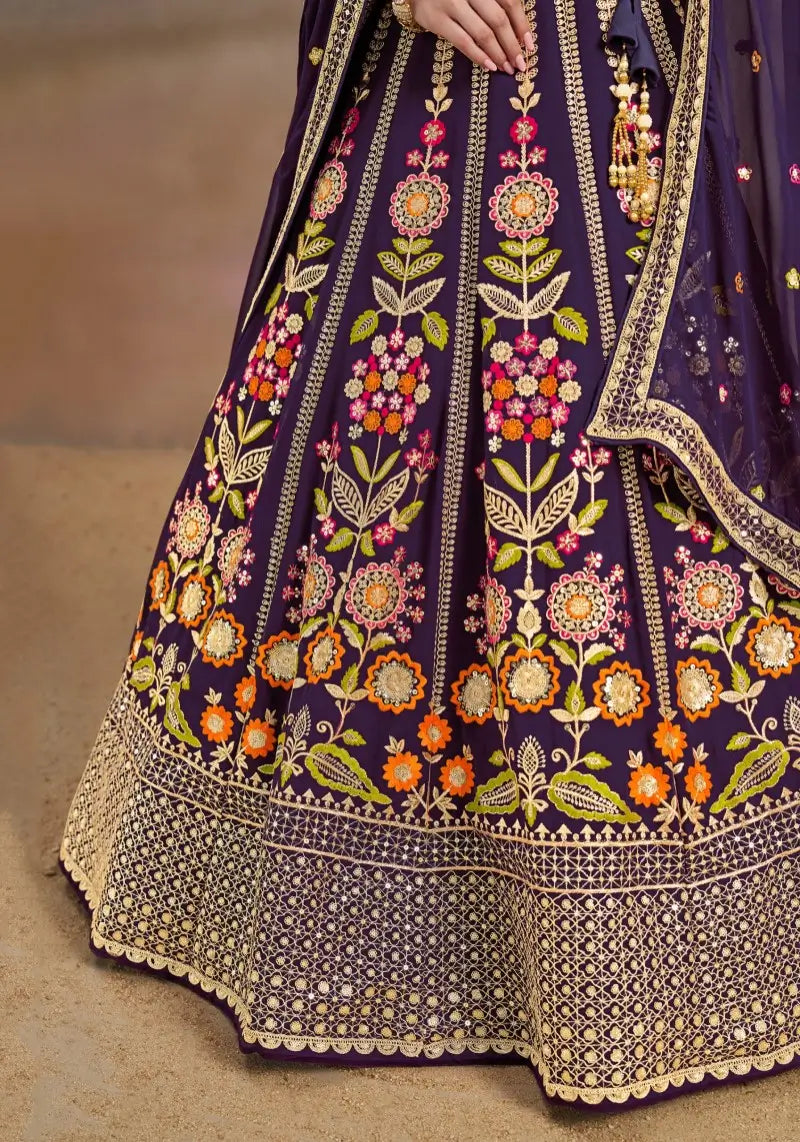 Elegant Purple Floral Zari Embroidered Lehenga Choli