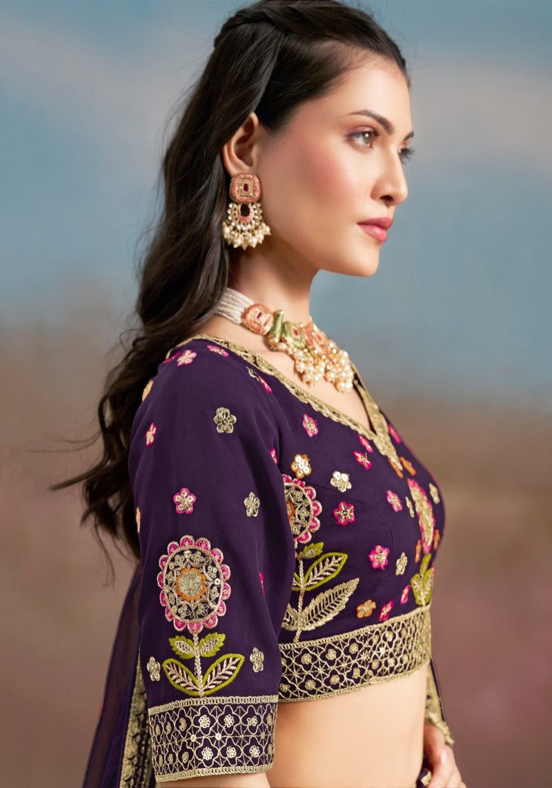 Elegant Purple Floral Zari Embroidered Lehenga Choli