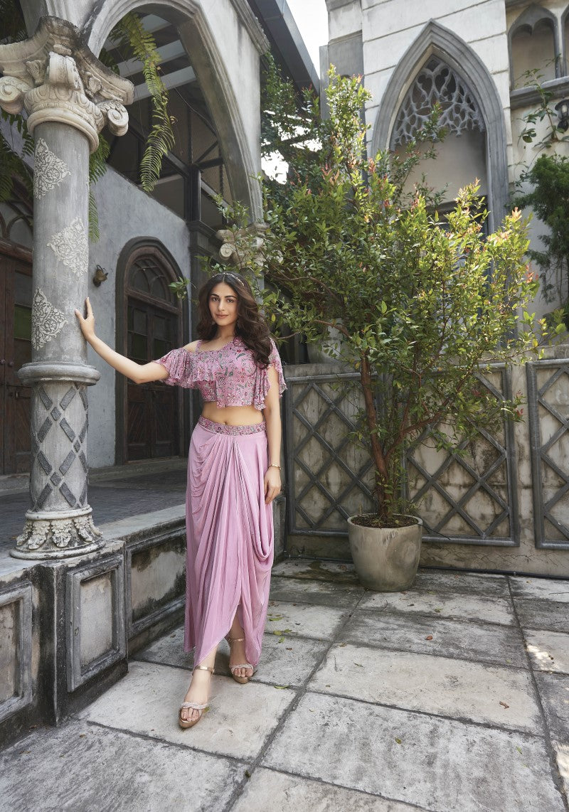 Classic Pink Drape Style Indo-Western Top And Bottom Co-ord