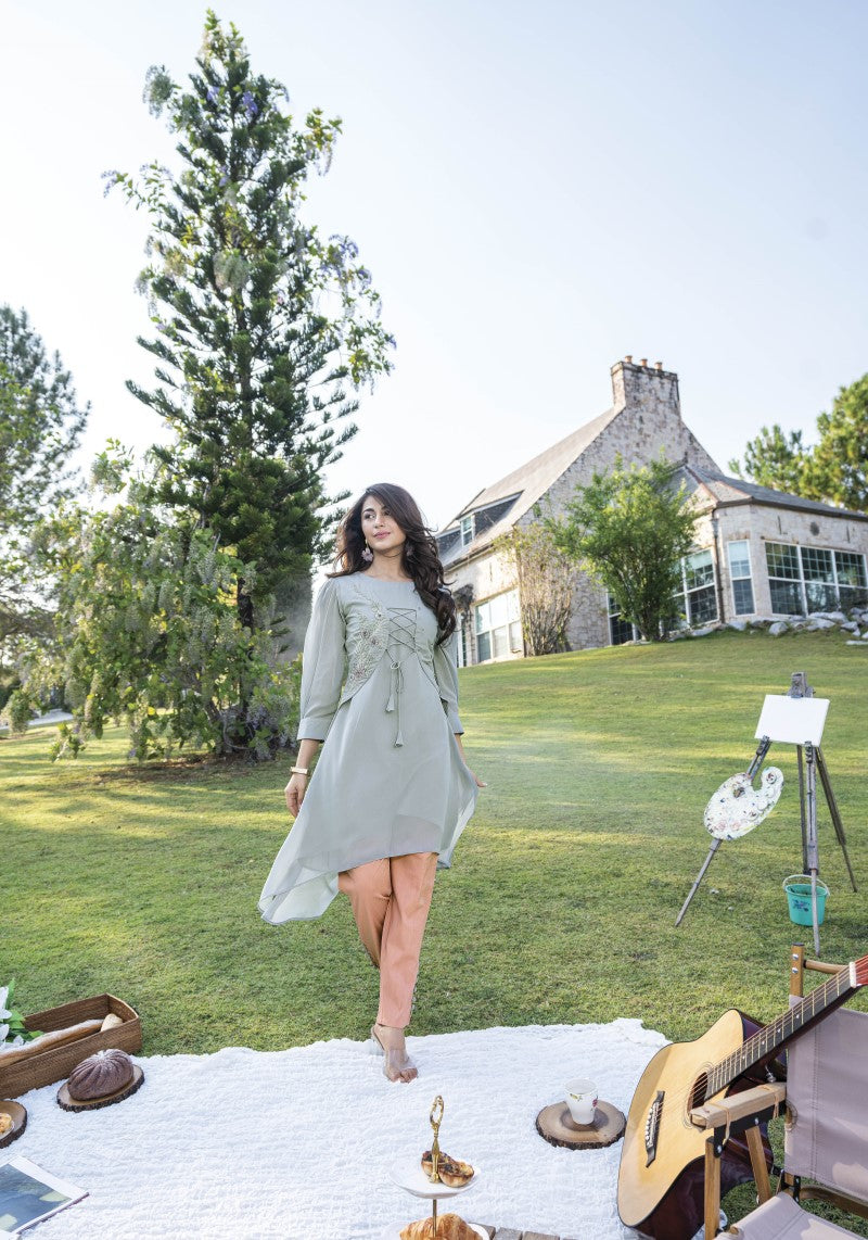 Designer Handwork Embellished Front Tie Top And Cotton Lycra Pant Co-ord Set