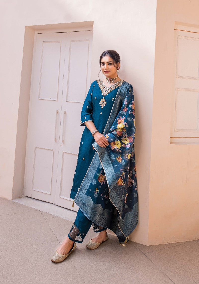 Mesmerizing Teal Blue Kurti Pant With Heavy Jacquard Dupatta