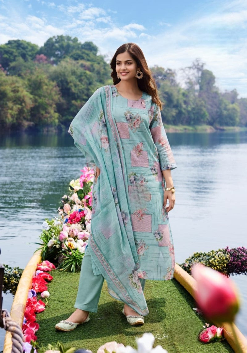 Mint Floral Linen Kurti Set with Dupatta