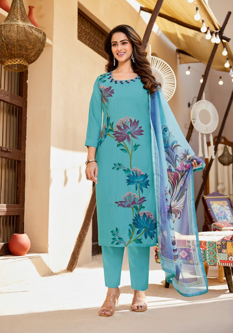 Aqua Bloom Teal Modal Silk Kurta Pant & Organza Dupatta Set