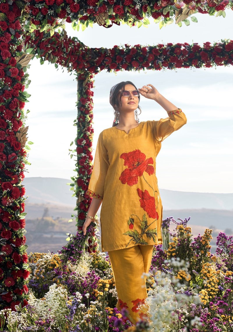 Sunset Bloom Mustard Floral Embroidered Co-ord Set