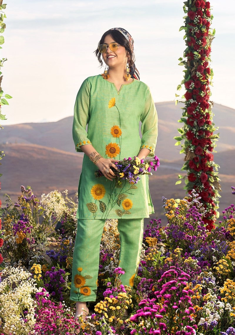Sunshine Bloom Green Khadi Linen Embroidered Co-ord Set