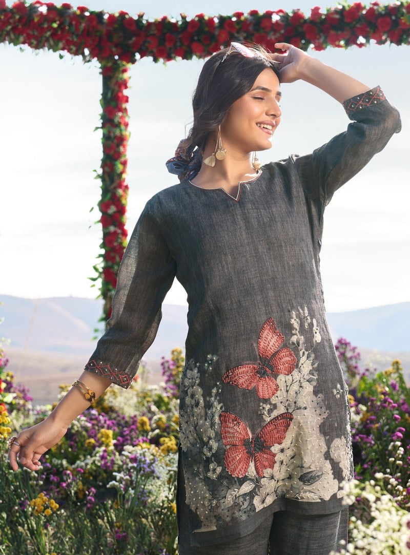 Midnight Flutter Charcoal Khadi Linen Embroidered Co-ord Set