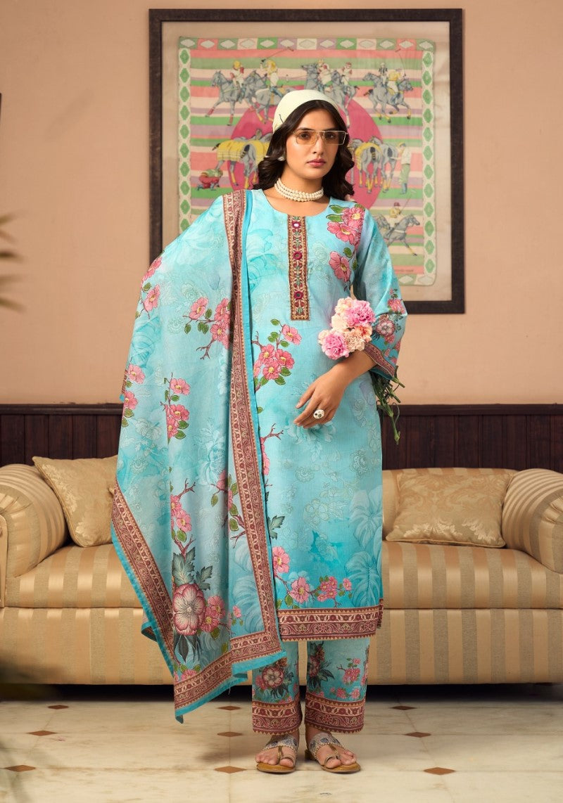Aqua Bloom Floral Printed Kurta Pant & Dupatta Set