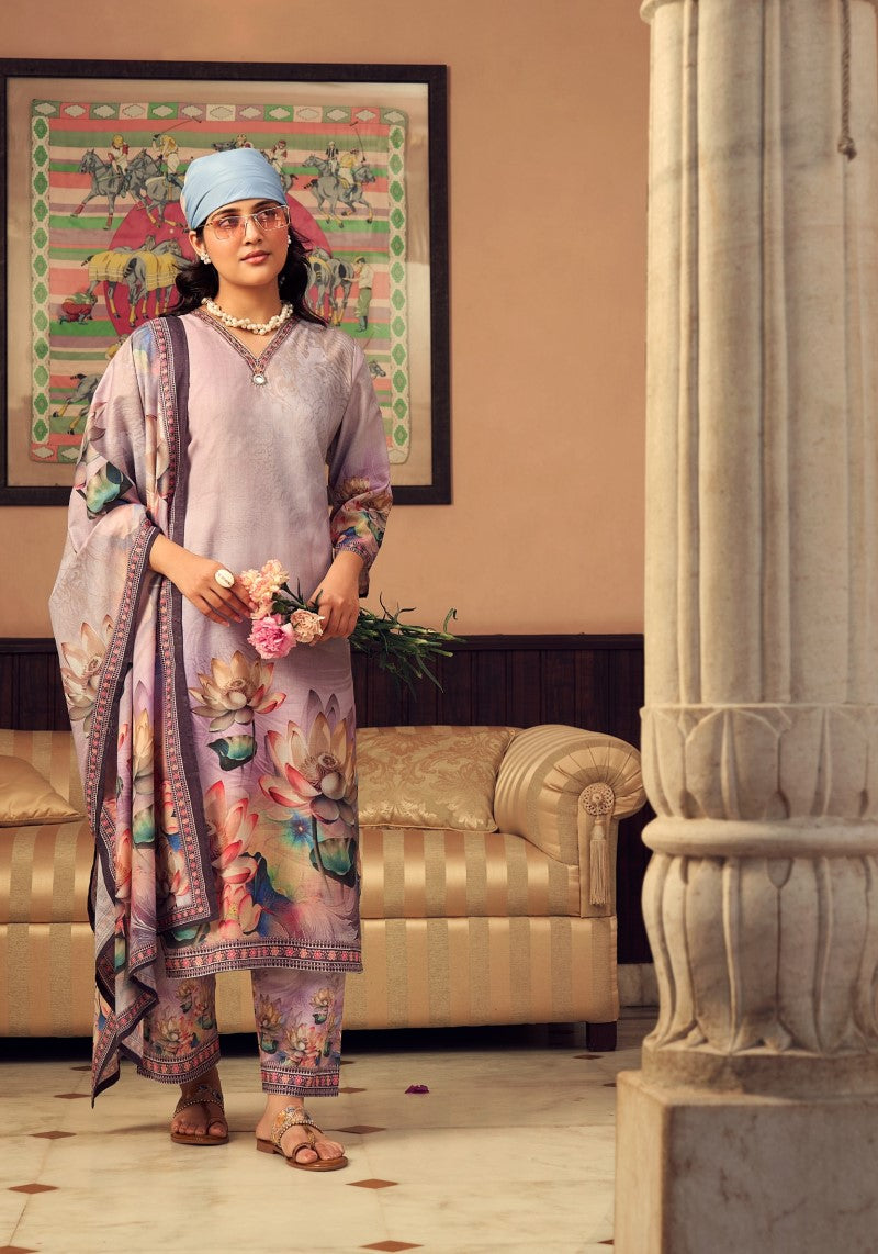 Lotus Muse Mauve Floral Printed Kurta Pant & Dupatta Set