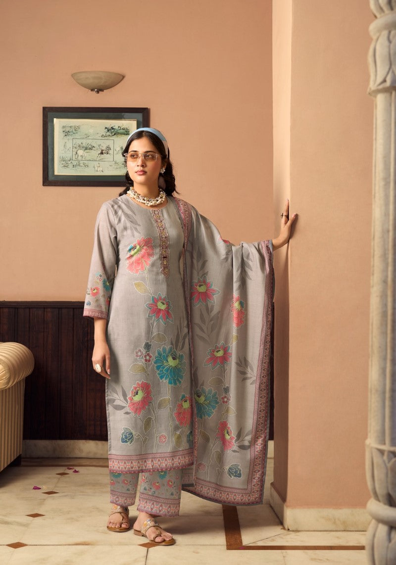 Silver Bloom Grey Floral Kurta Pant & Dupatta Set