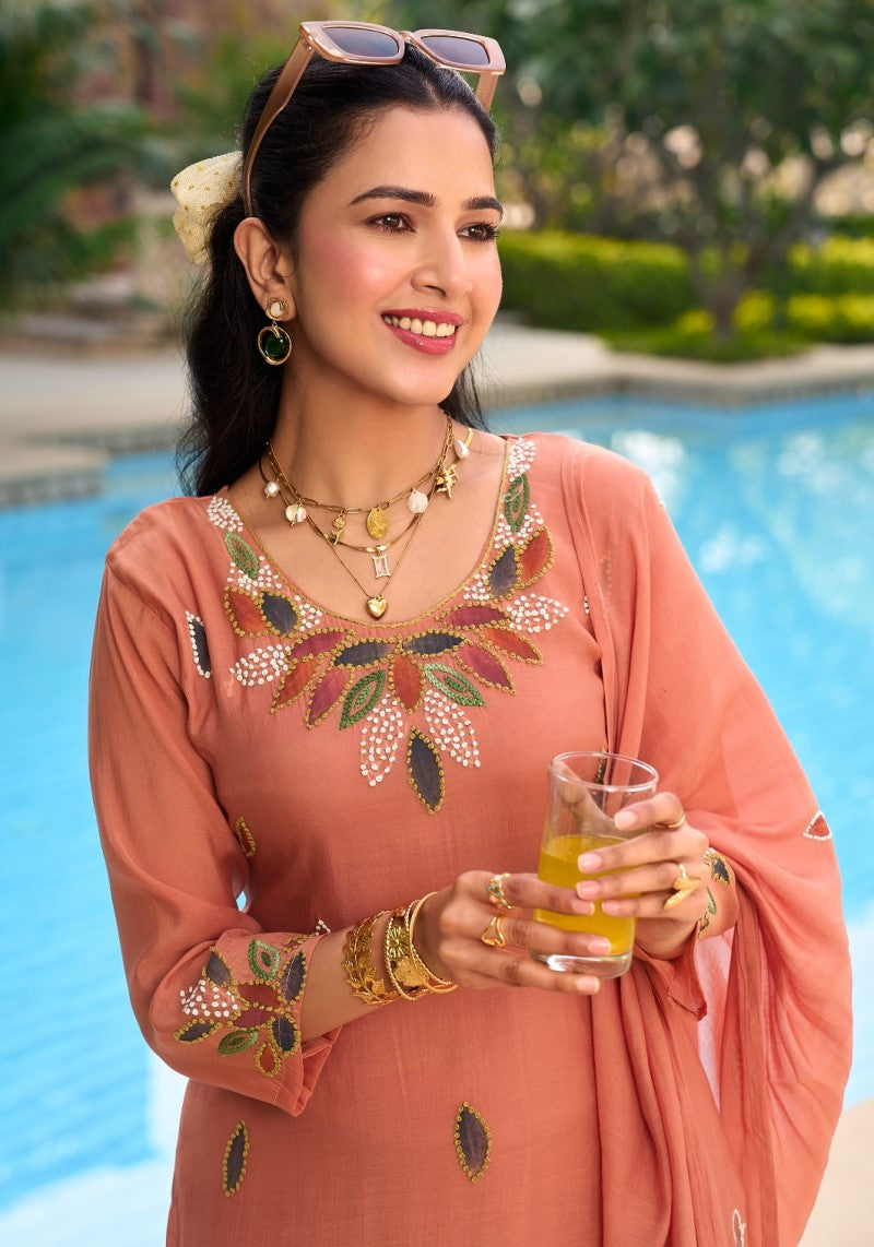 Peach Grace Embroidered Kurta Pant Dupatta Set