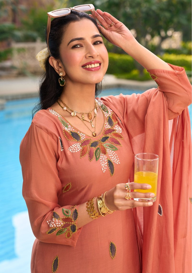 Peach Grace Embroidered Kurta Pant Dupatta Set