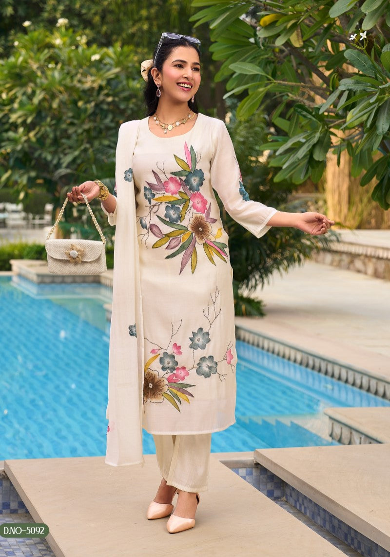 Women’s Cream Floral Embroidered 3-Piece Straight Kurta Set