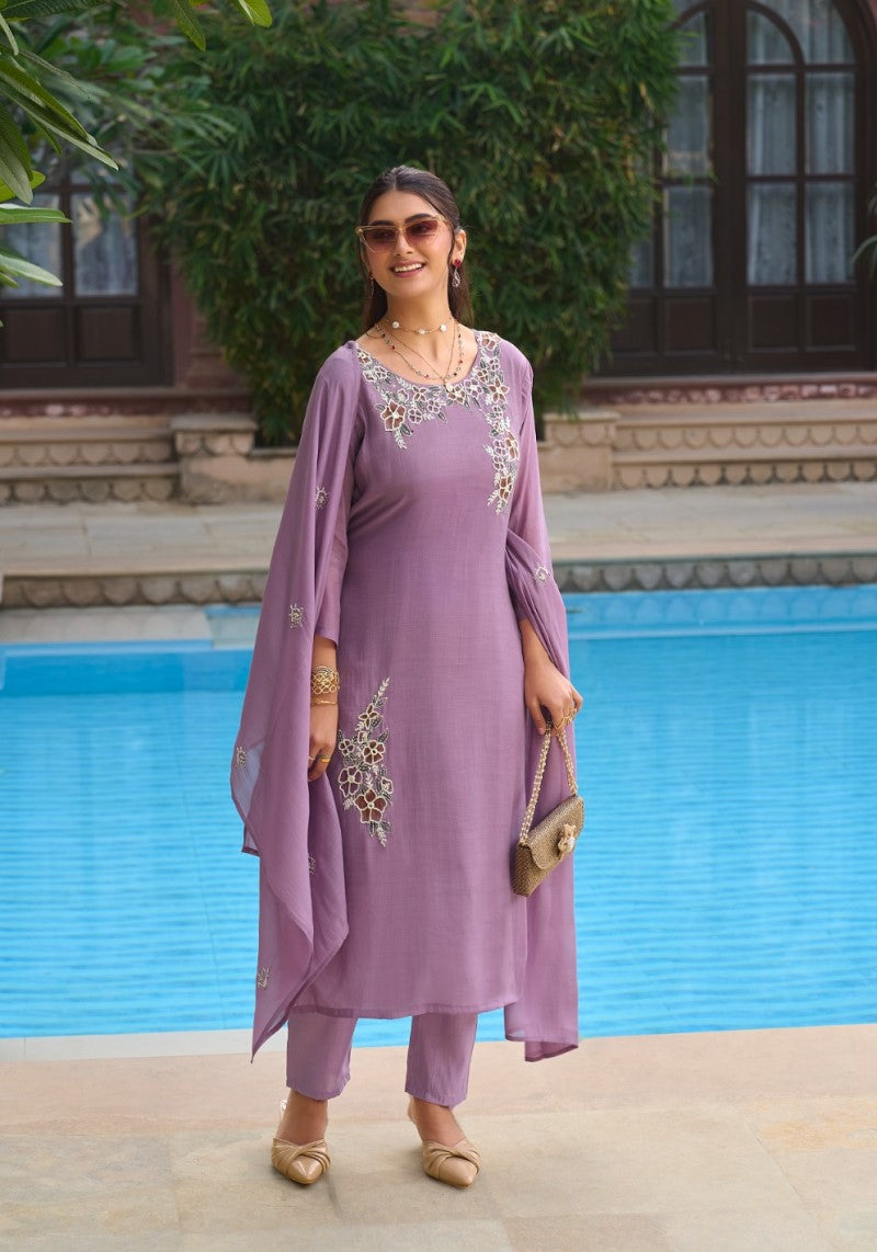 Lavender Floral Embroidered Straight Kurta Pant & Dupatta Set