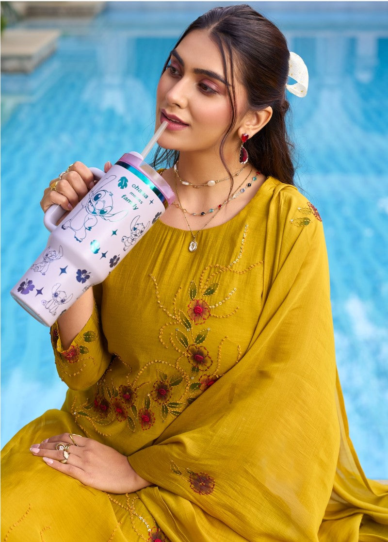 Sunlit Charm Mustard Floral Embroidered Kurta Pant & Dupatta Set