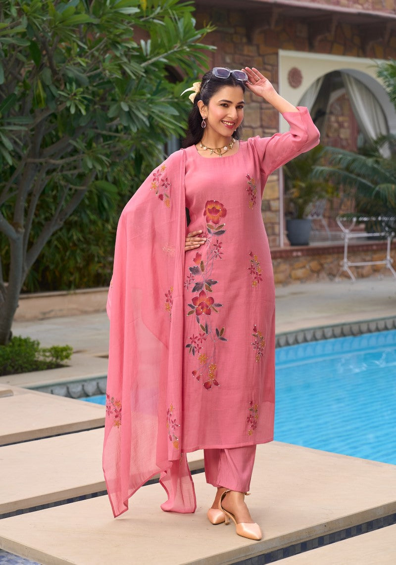 Rosy Bloom Pink Floral Embroidered Kurta Pant & Dupatta Set