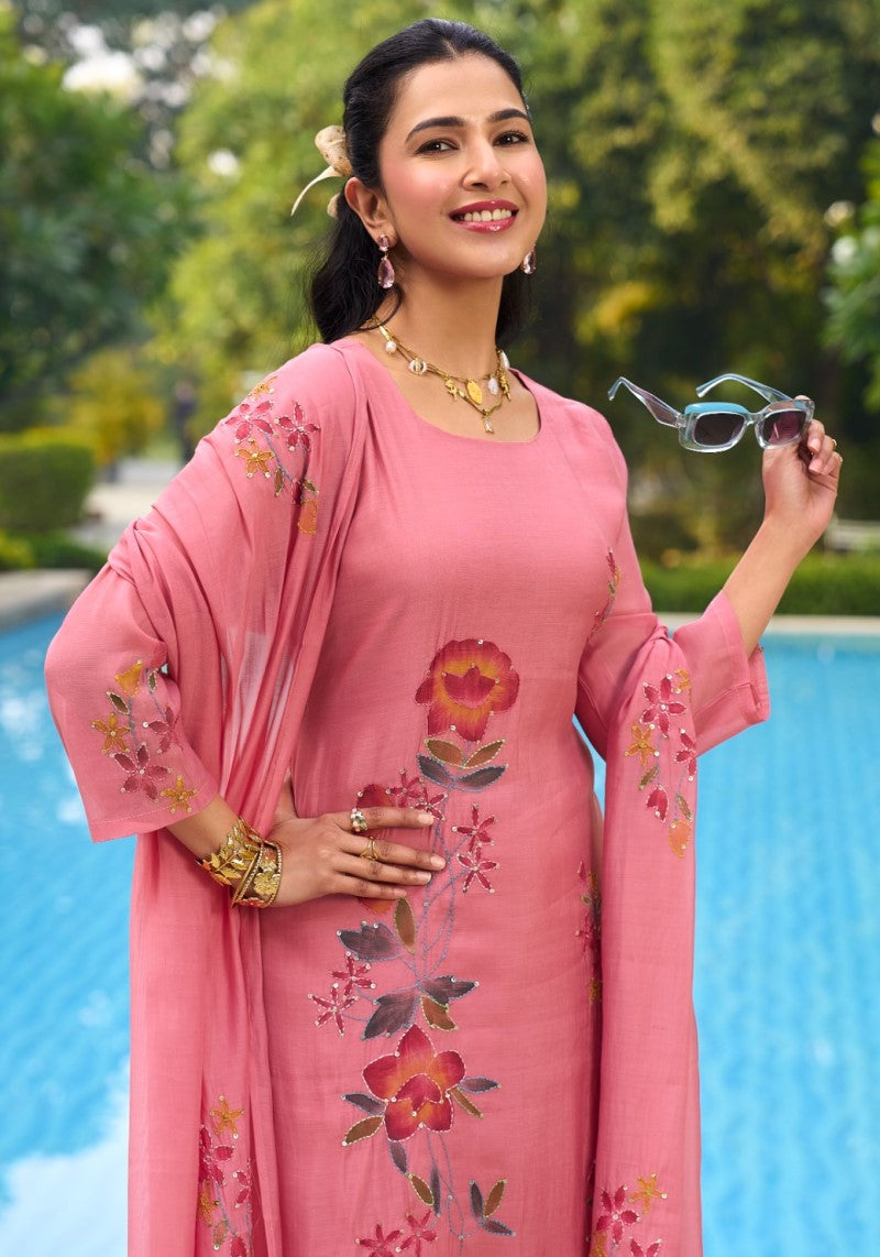 Rosy Bloom Pink Floral Embroidered Kurta Pant & Dupatta Set