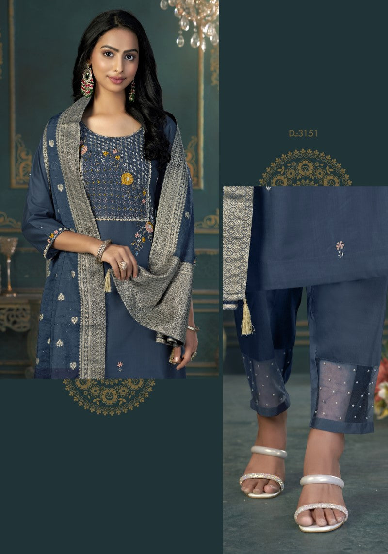 Blue Silk Blend Kurti Pant With Dola Silk Jacquard Dupatta