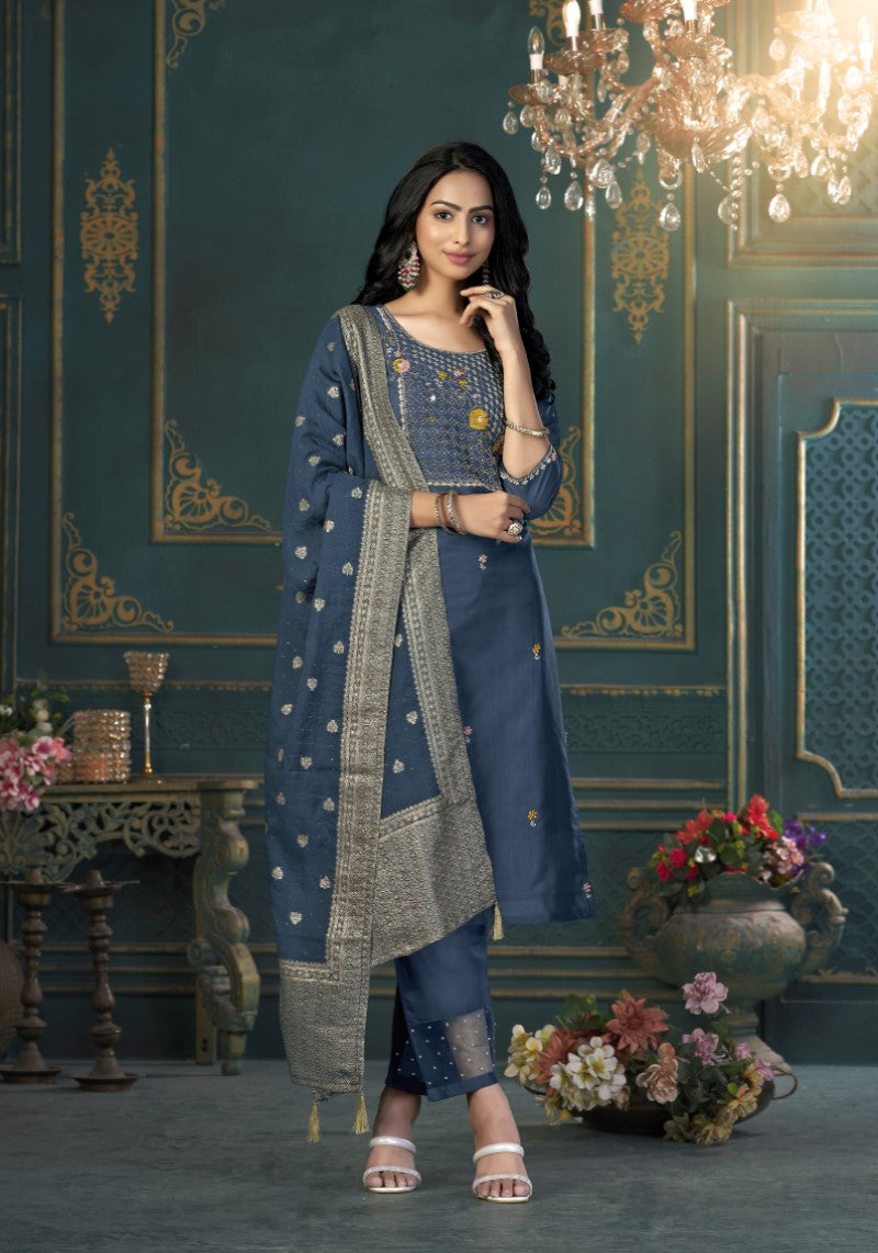Blue Silk Blend Kurti Pant With Dola Silk Jacquard Dupatta