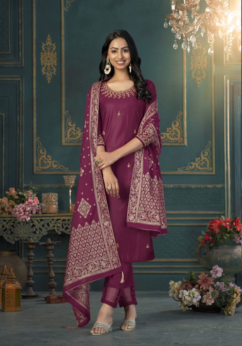 Magnificent Magenta Silk Blend Kurti Pant With Dola Silk Jacquard  Dupatta
