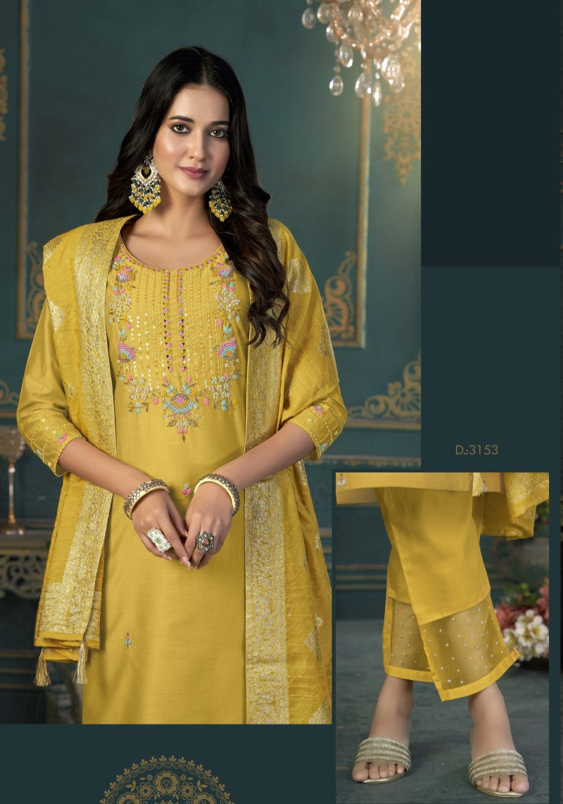 Yellow Silk Blend Kurti Pant With Dola Silk Jacquard Dupatta