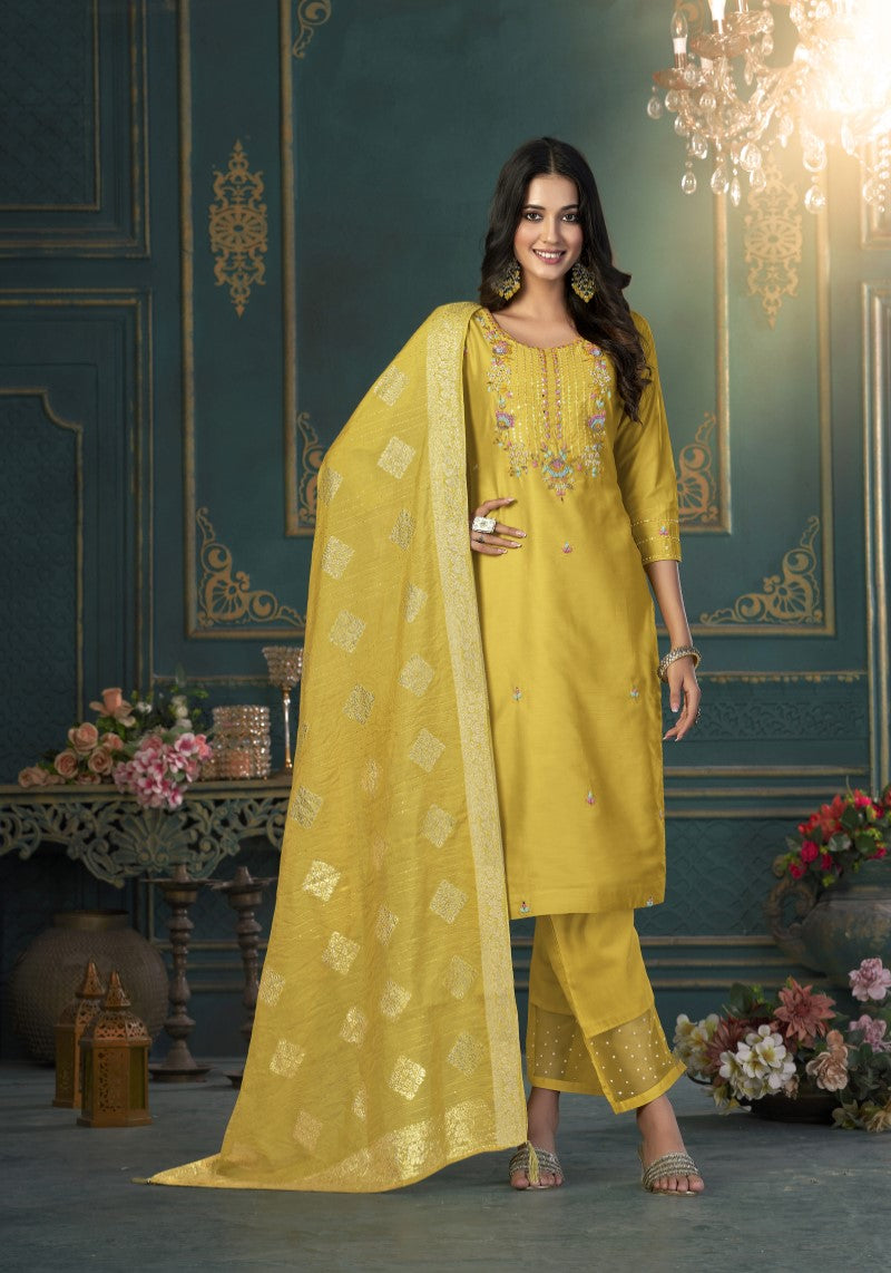 Yellow Silk Blend Kurti Pant With Dola Silk Jacquard Dupatta