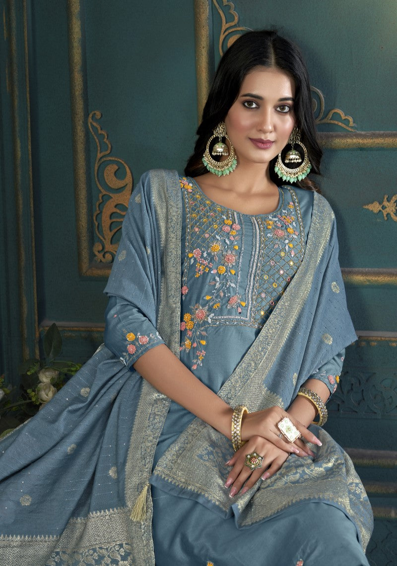 Mosaic Blue Silk Blend Kurti Pant With Dola Silk Jacquard  Dupatta